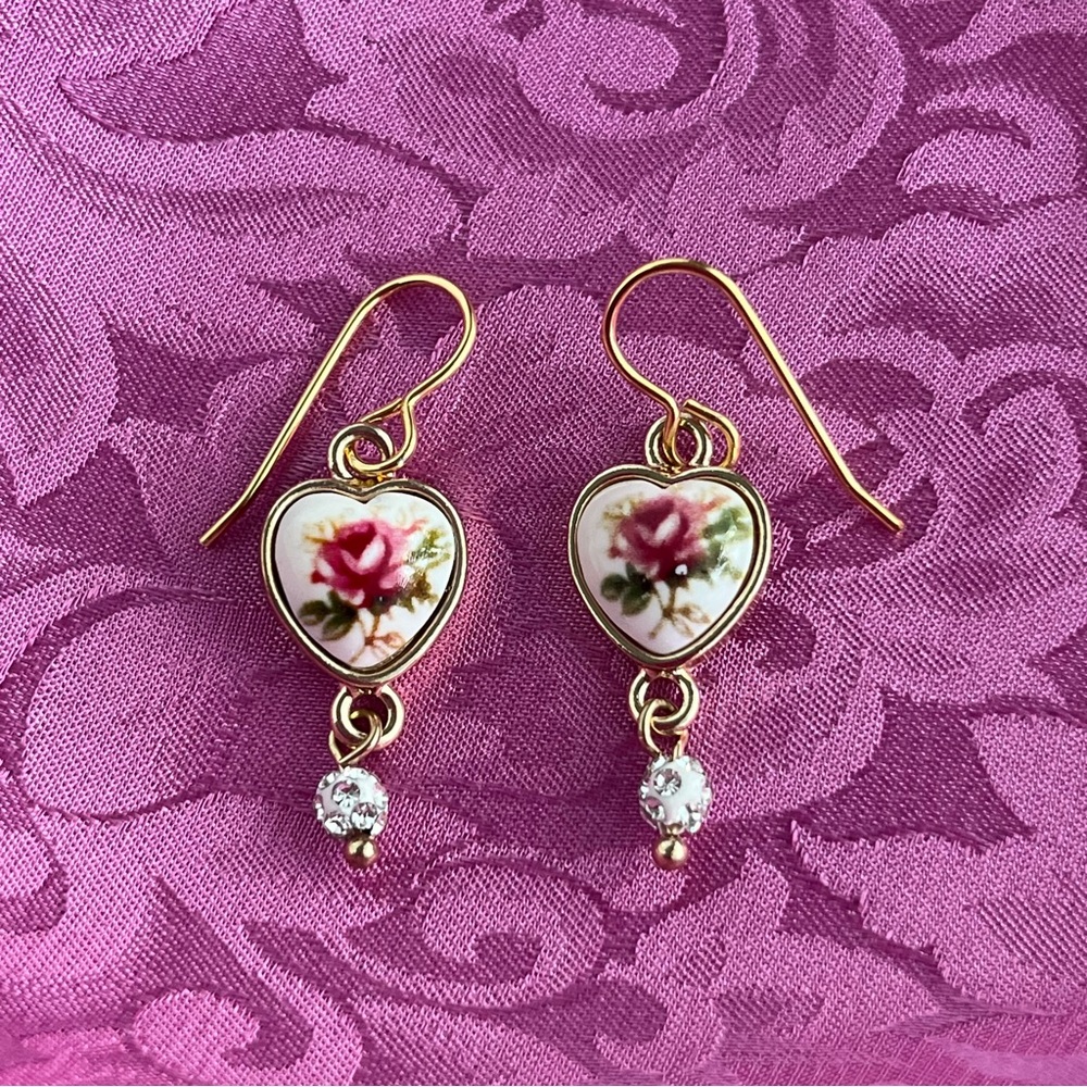 Handmade Heart Porcelain Rose Earrings Crystal Drop Romantic Cottagecore